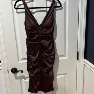 Xscape Satin Ruched V-Neck Cocktail Dress in Dark Brown worn once